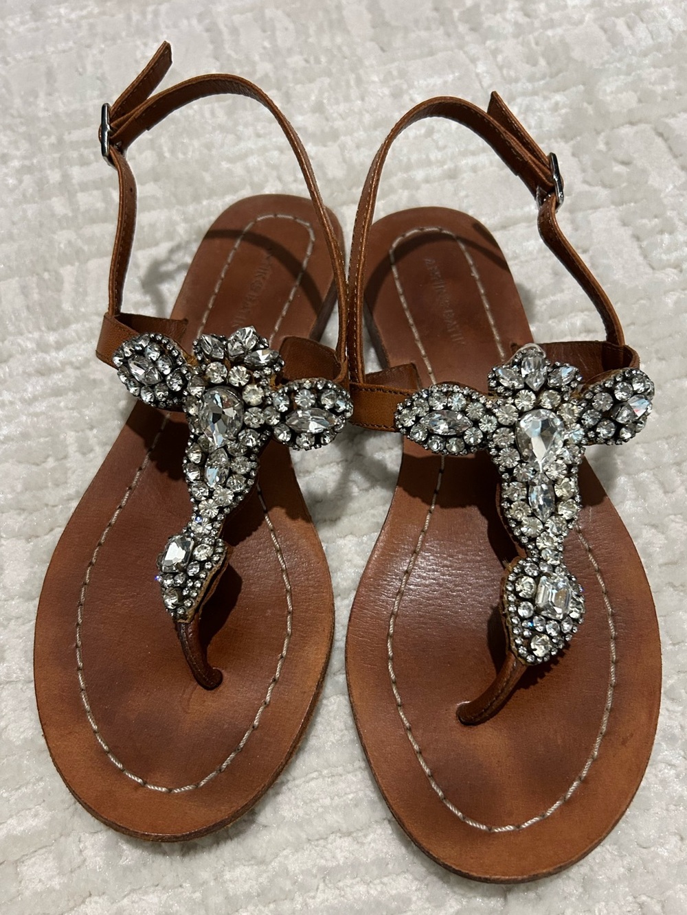 Antik Batik Brown Leather Jeweled T-Strap Sandals - Picture 2 of 4